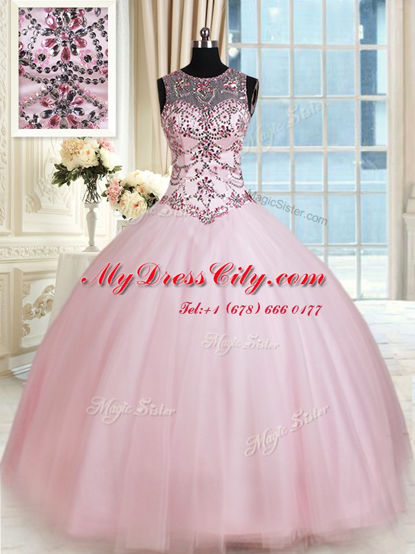 Best Selling Tulle Scoop Sleeveless Lace Up Beading Quinceanera Gown in Baby Pink