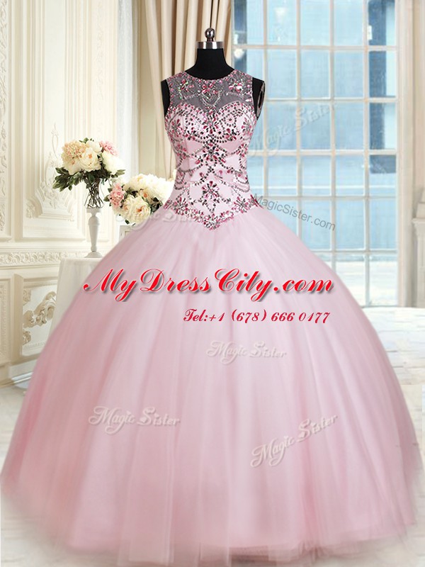 Best Selling Tulle Scoop Sleeveless Lace Up Beading Quinceanera Gown in Baby Pink