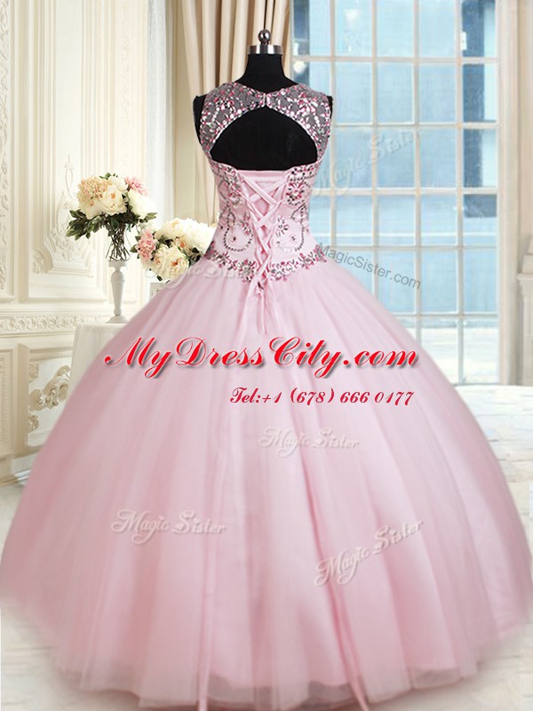 Best Selling Tulle Scoop Sleeveless Lace Up Beading Quinceanera Gown in Baby Pink