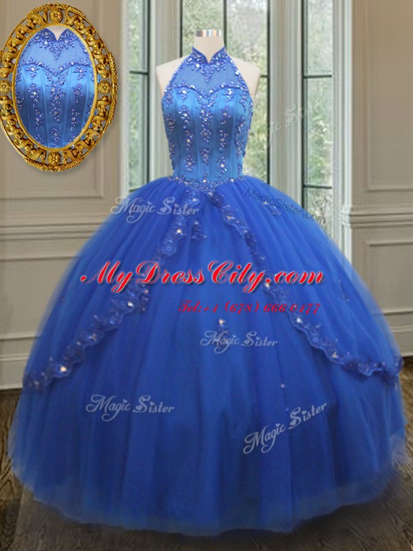 Fantastic See Through High-neck Sleeveless Tulle 15th Birthday Dress Beading and Appliques Lace Up