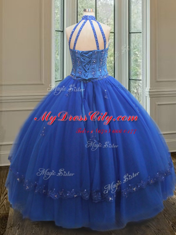 Fantastic See Through High-neck Sleeveless Tulle 15th Birthday Dress Beading and Appliques Lace Up