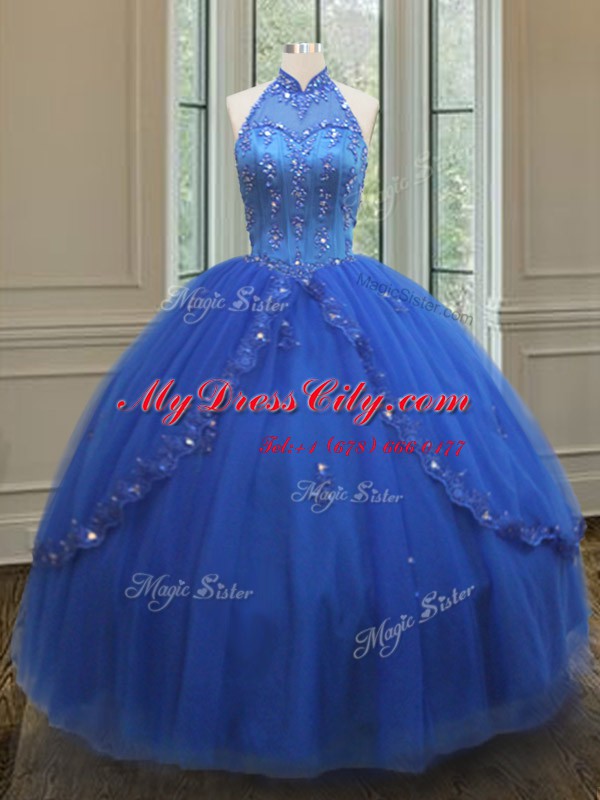 Fantastic See Through High-neck Sleeveless Tulle 15th Birthday Dress Beading and Appliques Lace Up