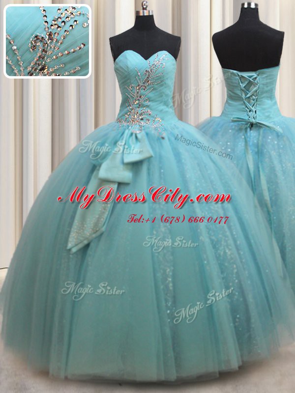 Sweetheart Sleeveless Sweet 16 Dress Floor Length Beading and Bowknot Aqua Blue Tulle