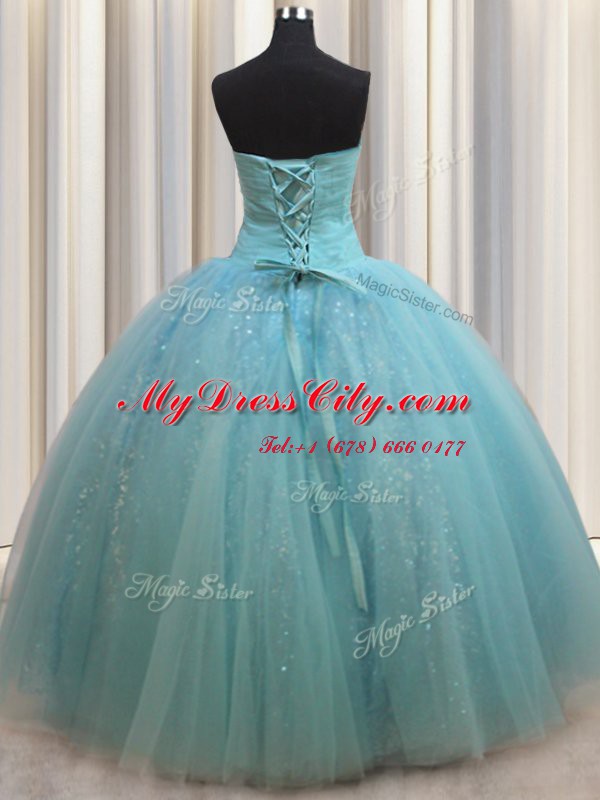 Sweetheart Sleeveless Sweet 16 Dress Floor Length Beading and Bowknot Aqua Blue Tulle