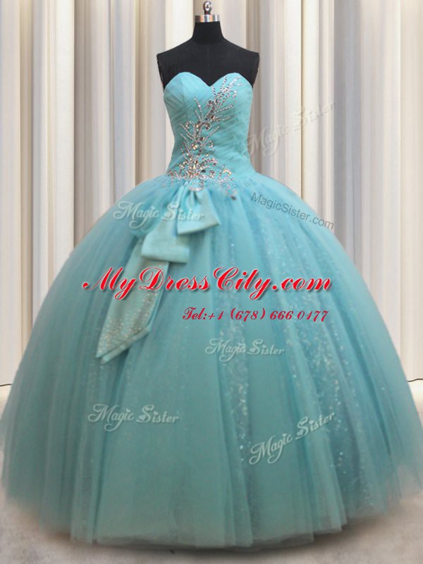 Sweetheart Sleeveless Sweet 16 Dress Floor Length Beading and Bowknot Aqua Blue Tulle