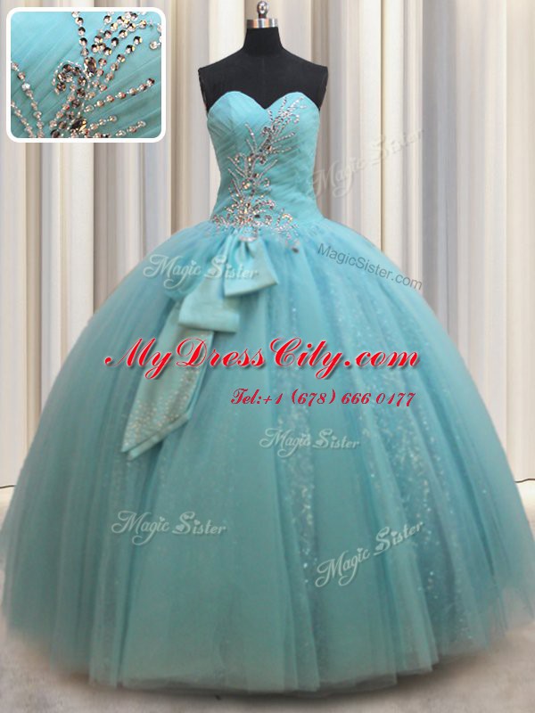 Sweetheart Sleeveless Sweet 16 Dress Floor Length Beading and Bowknot Aqua Blue Tulle