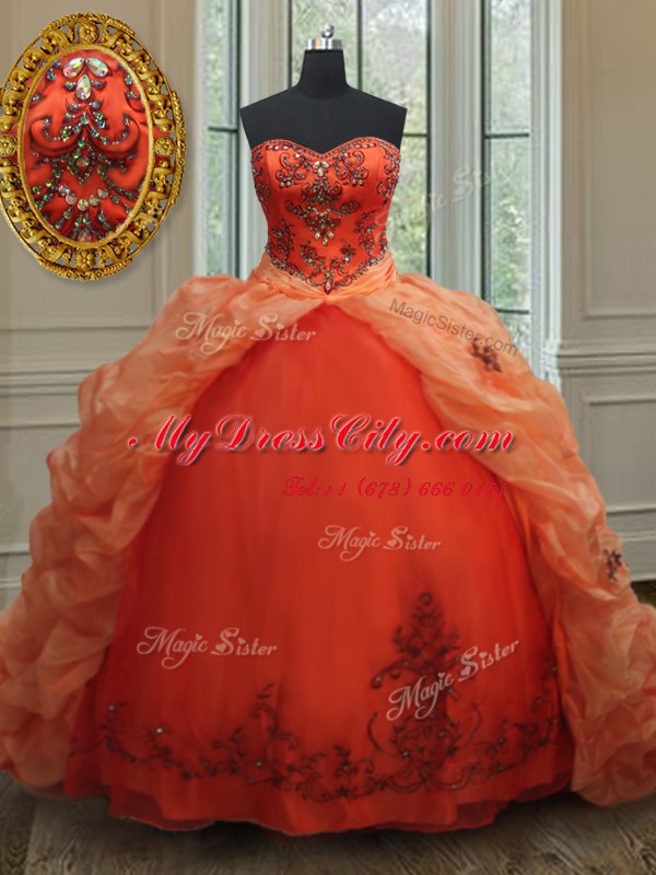 Ideal With Train Orange Red Quinceanera Gown Organza Brush Train Sleeveless Beading and Embroidery and Pick Ups