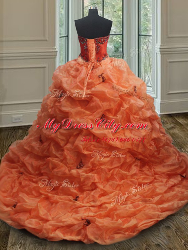 Ideal With Train Orange Red Quinceanera Gown Organza Brush Train Sleeveless Beading and Embroidery and Pick Ups