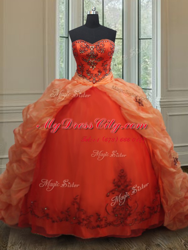 Ideal With Train Orange Red Quinceanera Gown Organza Brush Train Sleeveless Beading and Embroidery and Pick Ups