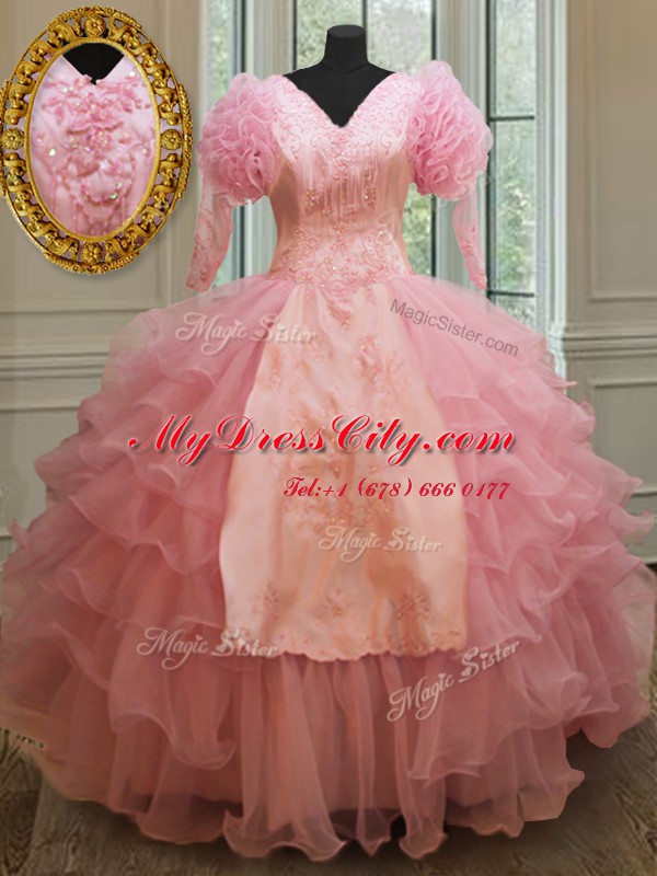 Ruffled Ball Gowns Quince Ball Gowns Baby Pink V-neck Organza Half Sleeves Floor Length Zipper