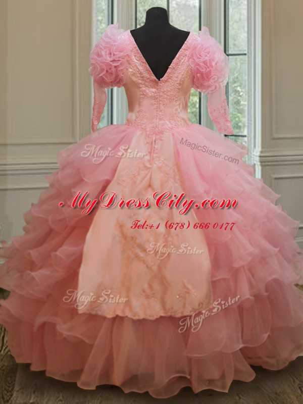 Ruffled Ball Gowns Quince Ball Gowns Baby Pink V-neck Organza Half Sleeves Floor Length Zipper