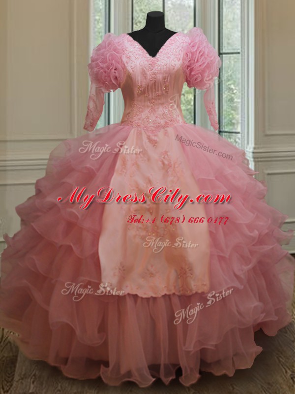 Ruffled Ball Gowns Quince Ball Gowns Baby Pink V-neck Organza Half Sleeves Floor Length Zipper