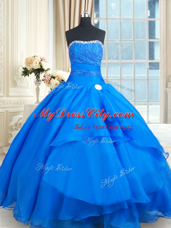 Beading and Lace and Sequins Quince Ball Gowns Blue Lace Up Sleeveless Floor Length Court Train