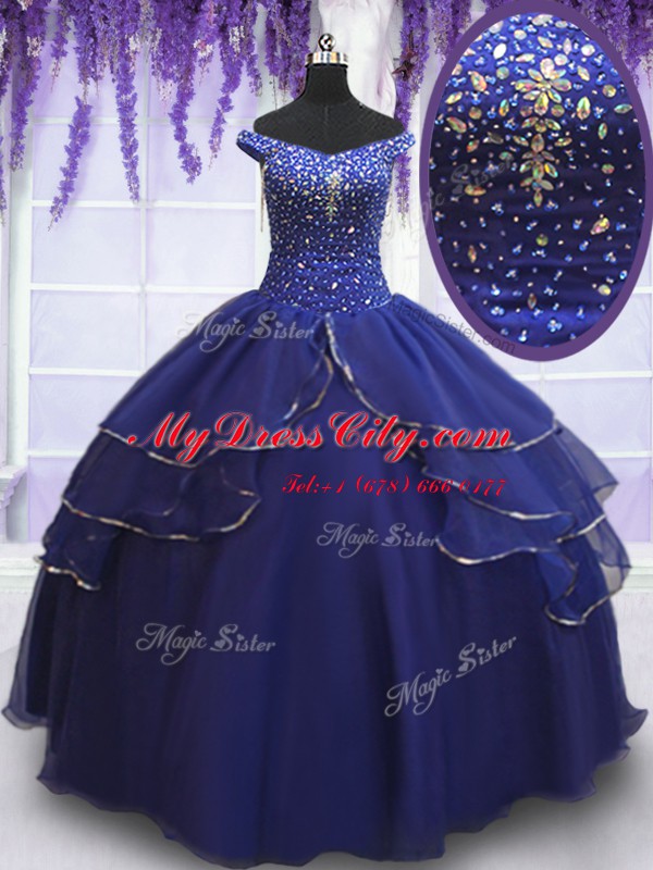 Ideal Sequins Ruffled Off The Shoulder Sleeveless Lace Up Sweet 16 Dresses Royal Blue Organza