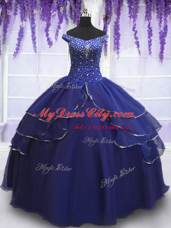 Ideal Sequins Ruffled Off The Shoulder Sleeveless Lace Up Sweet 16 Dresses Royal Blue Organza