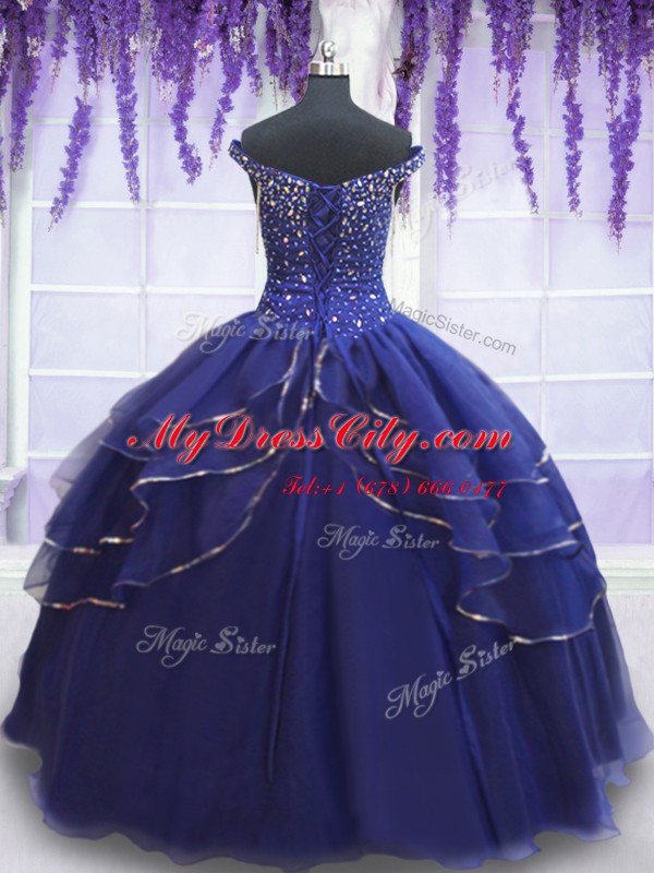 Ideal Sequins Ruffled Off The Shoulder Sleeveless Lace Up Sweet 16 Dresses Royal Blue Organza