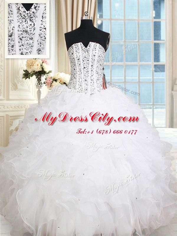 White Organza Lace Up Quinceanera Gowns Sleeveless Floor Length Beading and Ruffles