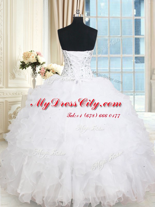 White Organza Lace Up Quinceanera Gowns Sleeveless Floor Length Beading and Ruffles