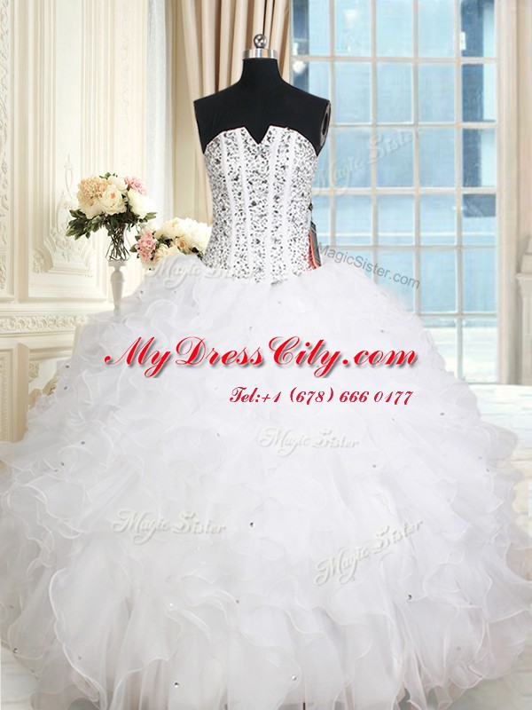 White Organza Lace Up Quinceanera Gowns Sleeveless Floor Length Beading and Ruffles