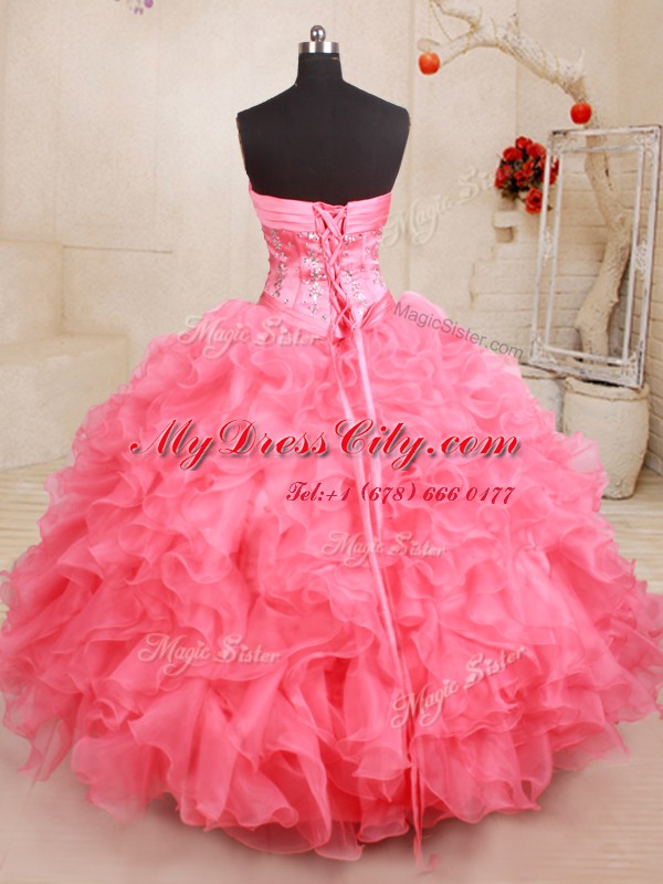 Hot Selling Pink Lace Up Sweet 16 Quinceanera Dress Beading and Ruffles Sleeveless Floor Length