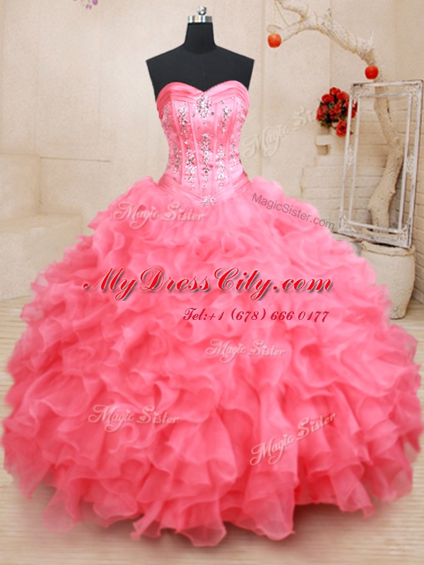 Hot Selling Pink Lace Up Sweet 16 Quinceanera Dress Beading and Ruffles Sleeveless Floor Length