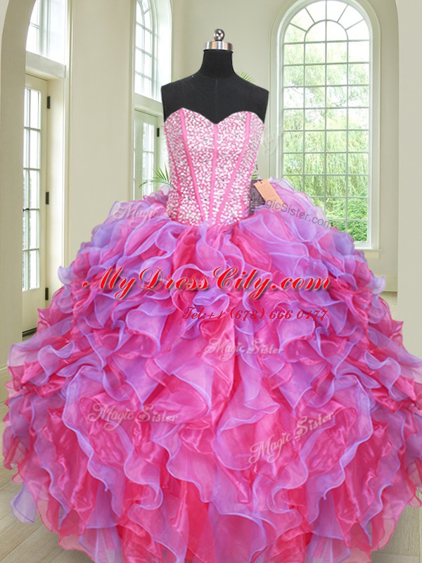 Multi-color Sleeveless Floor Length Beading and Ruffles Lace Up Sweet 16 Quinceanera Dress