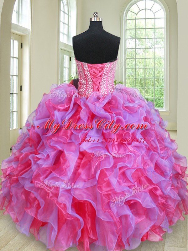 Multi-color Sleeveless Floor Length Beading and Ruffles Lace Up Sweet 16 Quinceanera Dress