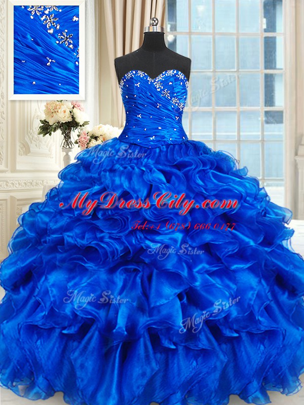 New Arrival Royal Blue Sleeveless Beading and Ruffles Floor Length 15th Birthday Dress