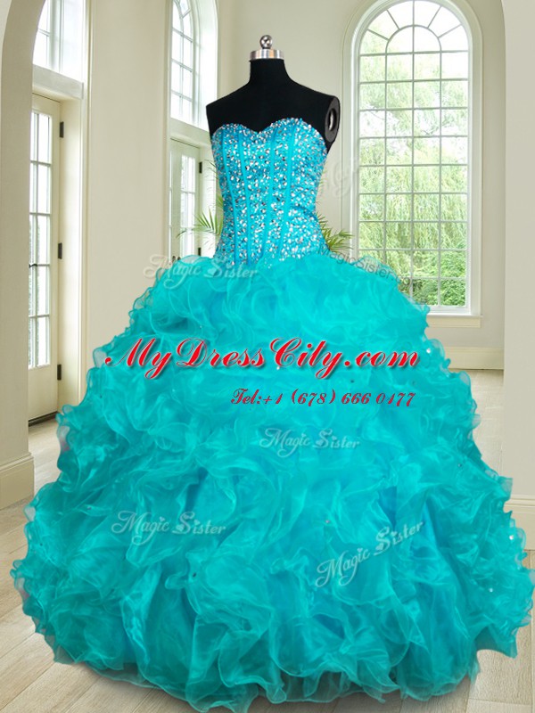 Sweetheart Sleeveless Lace Up Quinceanera Dress Teal Organza