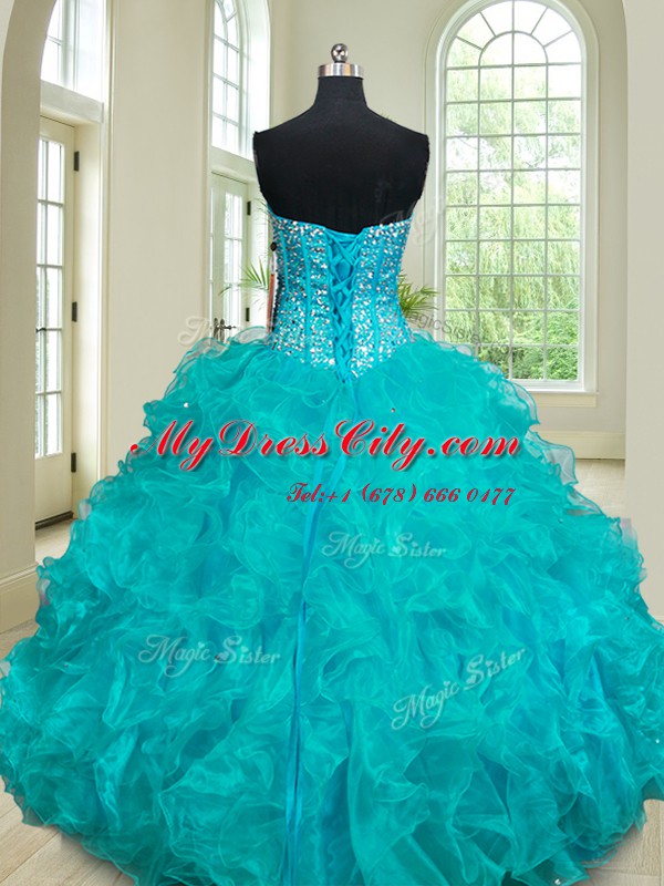 Sweetheart Sleeveless Lace Up Quinceanera Dress Teal Organza