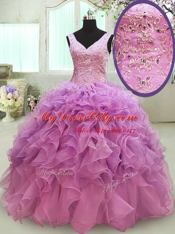 Floor Length Ball Gowns Sleeveless Lilac Quince Ball Gowns Lace Up