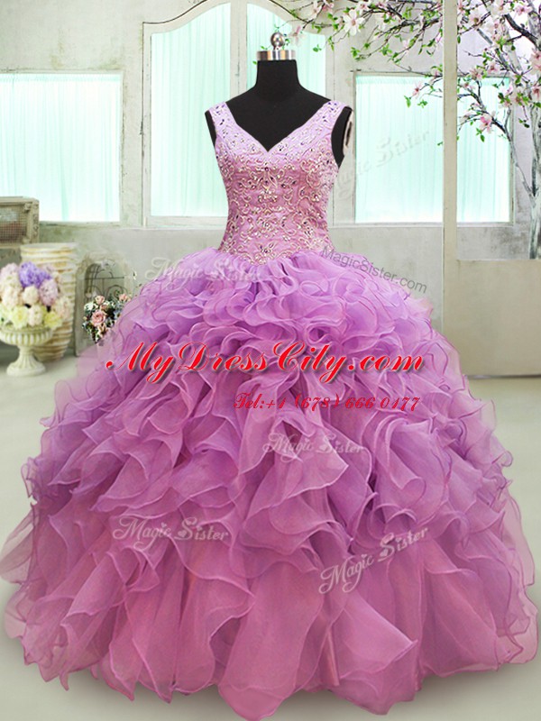 Floor Length Ball Gowns Sleeveless Lilac Quince Ball Gowns Lace Up