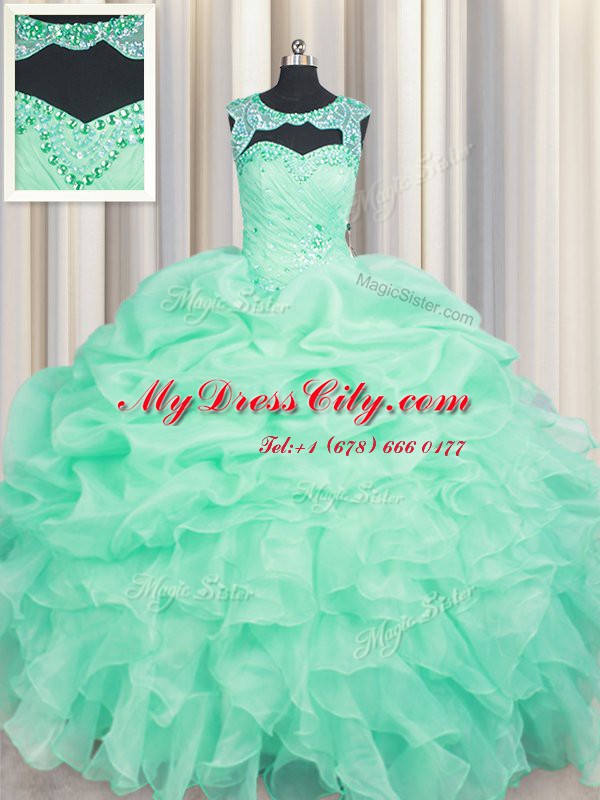 Comfortable Scoop Sleeveless Organza Floor Length Lace Up Quinceanera Dresses in Apple Green with Beading and Ruffles and Pick Ups