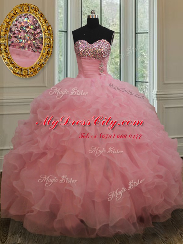 Baby Pink Ball Gowns Sweetheart Sleeveless Organza Lace Up Beading and Ruffles and Sequins Sweet 16 Dress