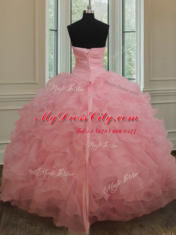 Baby Pink Ball Gowns Sweetheart Sleeveless Organza Lace Up Beading and Ruffles and Sequins Sweet 16 Dress