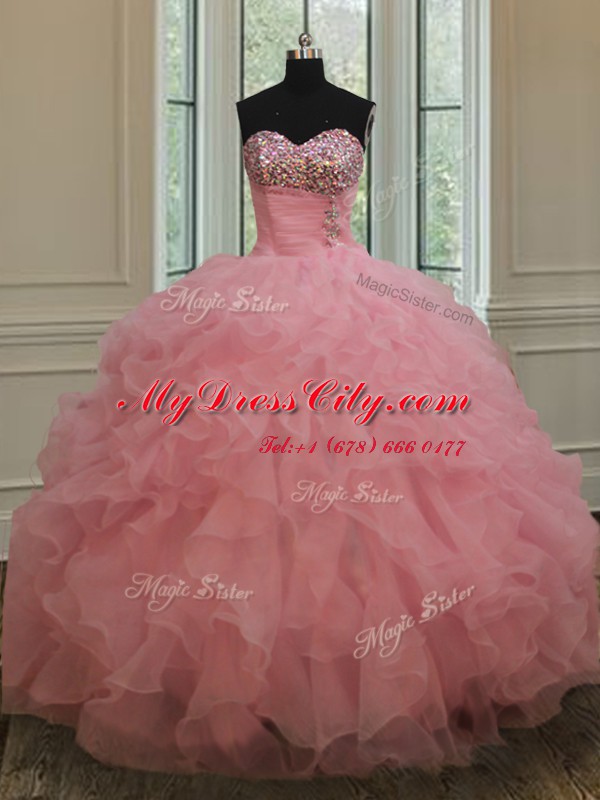 Baby Pink Ball Gowns Sweetheart Sleeveless Organza Lace Up Beading and Ruffles and Sequins Sweet 16 Dress