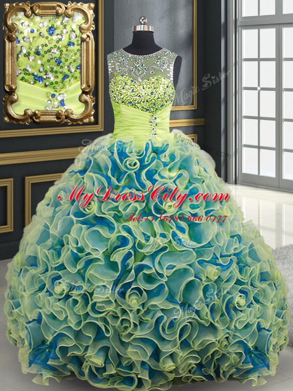 See Through Fabric With Rolling Flowers Scoop Sleeveless Brush Train Lace Up Beading and Sequins 15 Quinceanera Dress in Yellow Green