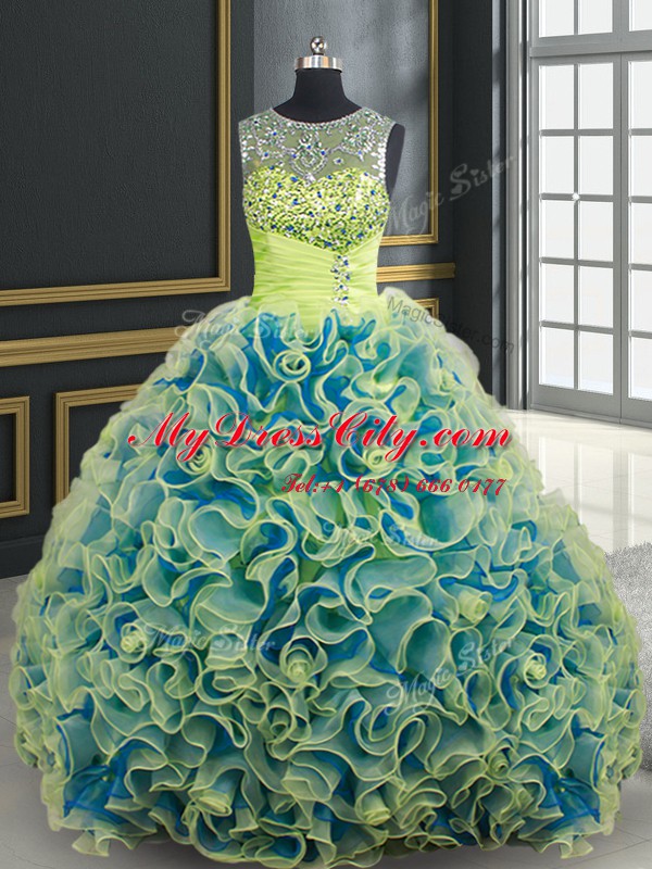 See Through Fabric With Rolling Flowers Scoop Sleeveless Brush Train Lace Up Beading and Sequins 15 Quinceanera Dress in Yellow Green