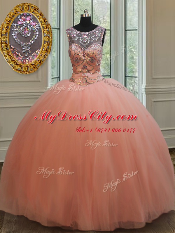 Latest Scoop Sequins Peach Sleeveless Tulle Lace Up Ball Gown Prom Dress for Military Ball and Sweet 16 and Quinceanera