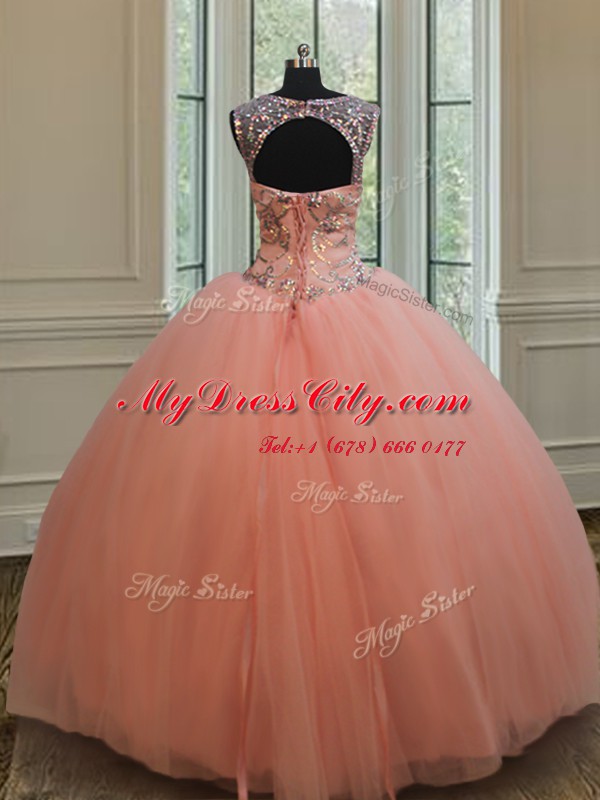 Latest Scoop Sequins Peach Sleeveless Tulle Lace Up Ball Gown Prom Dress for Military Ball and Sweet 16 and Quinceanera