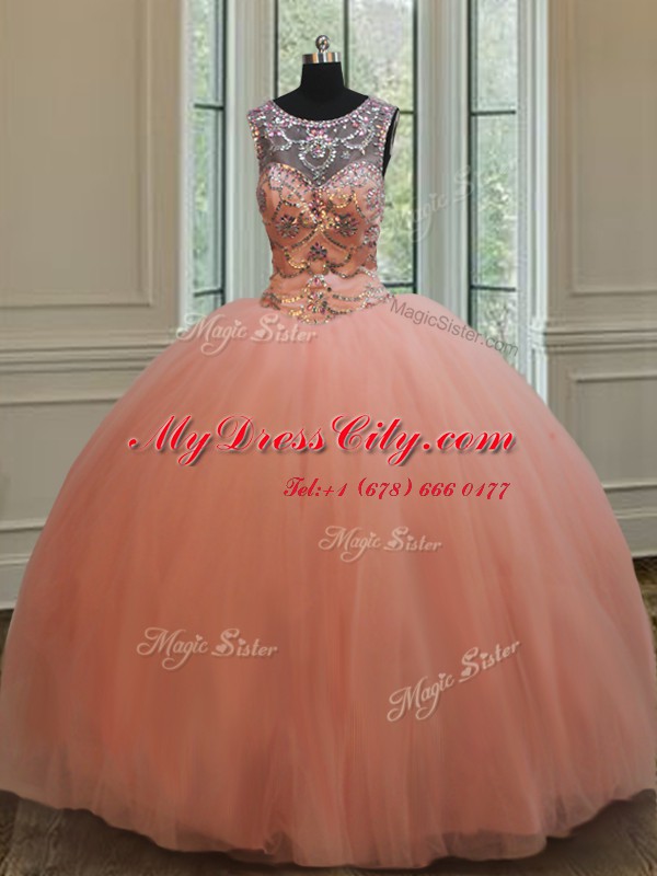 Latest Scoop Sequins Peach Sleeveless Tulle Lace Up Ball Gown Prom Dress for Military Ball and Sweet 16 and Quinceanera