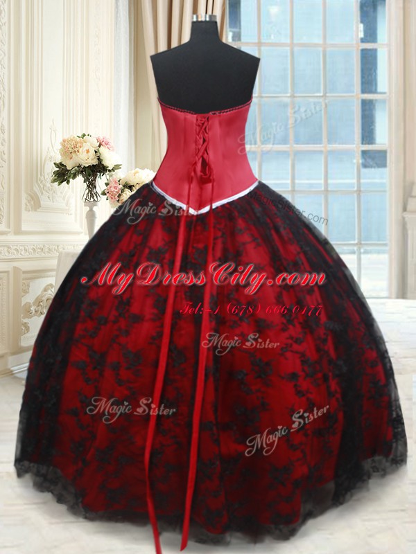 Romantic Black and Red Sleeveless Lace Floor Length Quinceanera Gowns