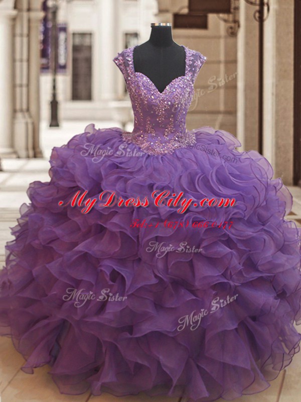 High Class Straps Floor Length Ball Gowns Cap Sleeves Eggplant Purple Quinceanera Gown Zipper