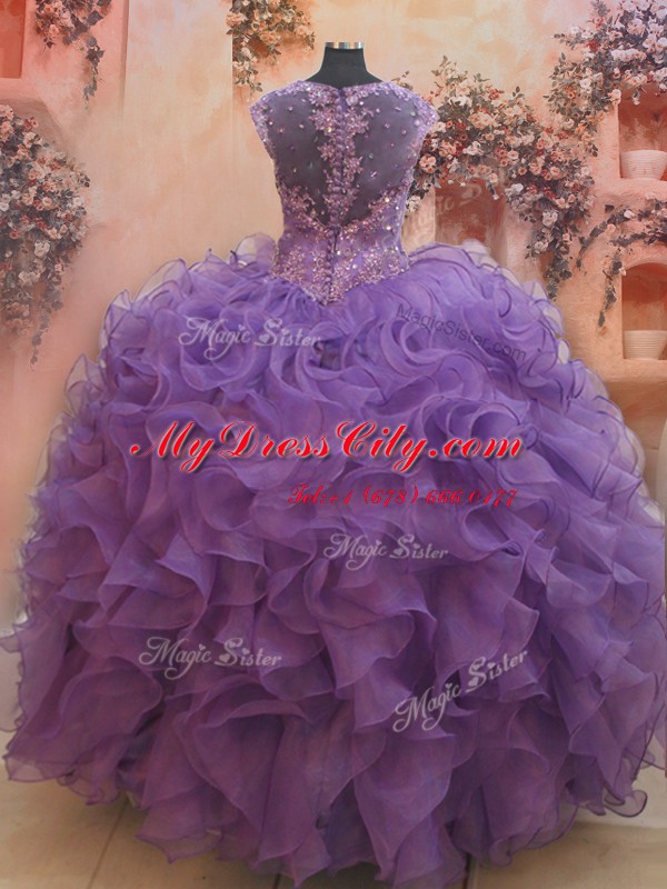 High Class Straps Floor Length Ball Gowns Cap Sleeves Eggplant Purple Quinceanera Gown Zipper