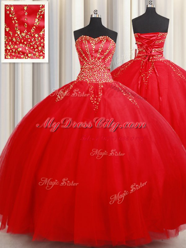 Custom Design Floor Length Ball Gowns Sleeveless Red Sweet 16 Quinceanera Dress Lace Up