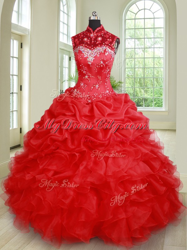 Pick Ups See Through Red Sleeveless Organza Lace Up Quinceanera Dress for Military Ball and Sweet 16 and Quinceanera