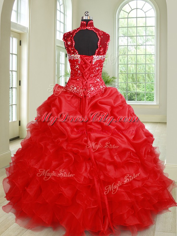 Pick Ups See Through Red Sleeveless Organza Lace Up Quinceanera Dress for Military Ball and Sweet 16 and Quinceanera