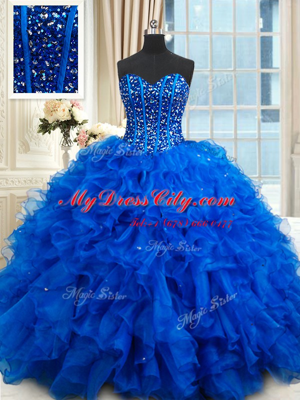 High End Royal Blue Ball Gowns Sweetheart Sleeveless Organza Floor Length Lace Up Beading and Ruffles Quinceanera Gown