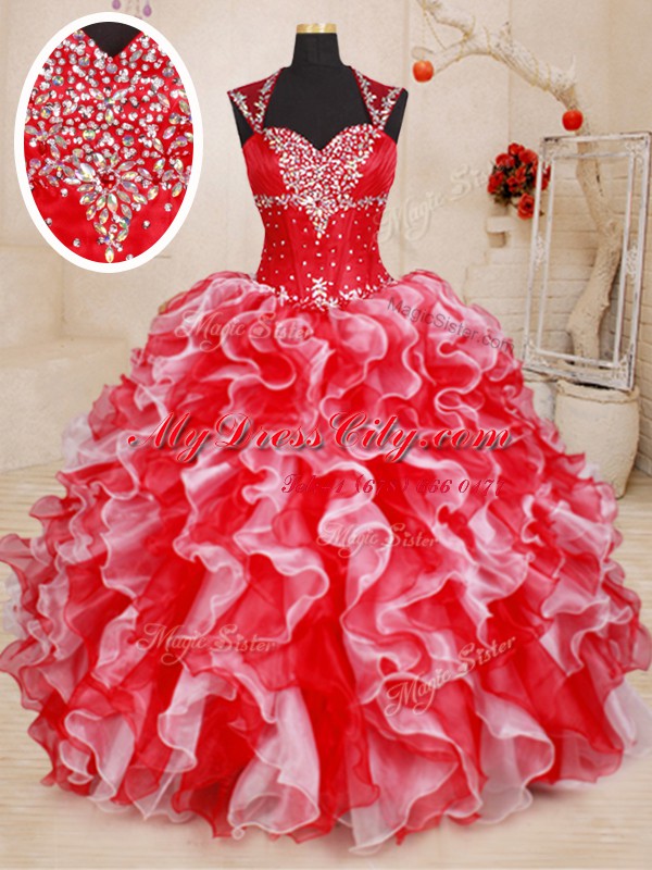 Popular White and Red Organza Lace Up Straps Sleeveless Floor Length Quinceanera Dress Beading and Ruffles