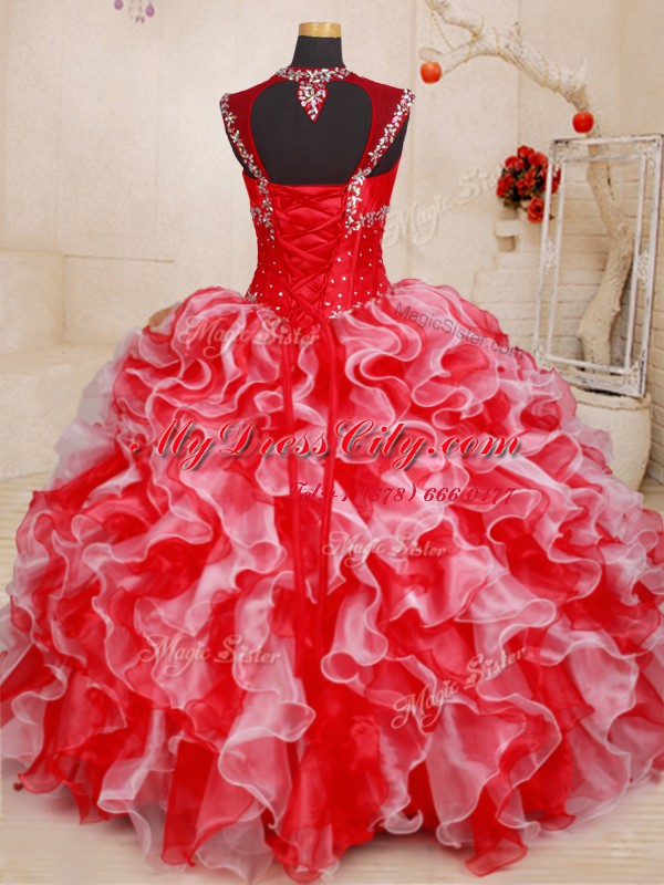 Popular White and Red Organza Lace Up Straps Sleeveless Floor Length Quinceanera Dress Beading and Ruffles